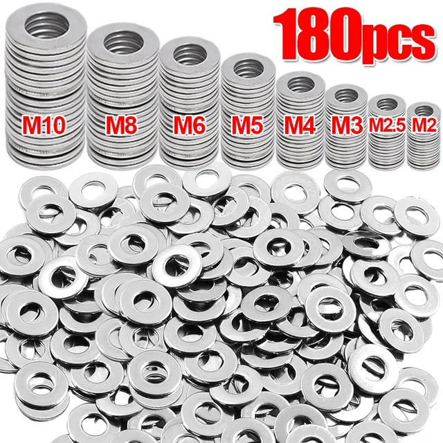 180Pcs Stainless Steel Washer Metal Washers Rings M2 M2.5 M3 M4 M5